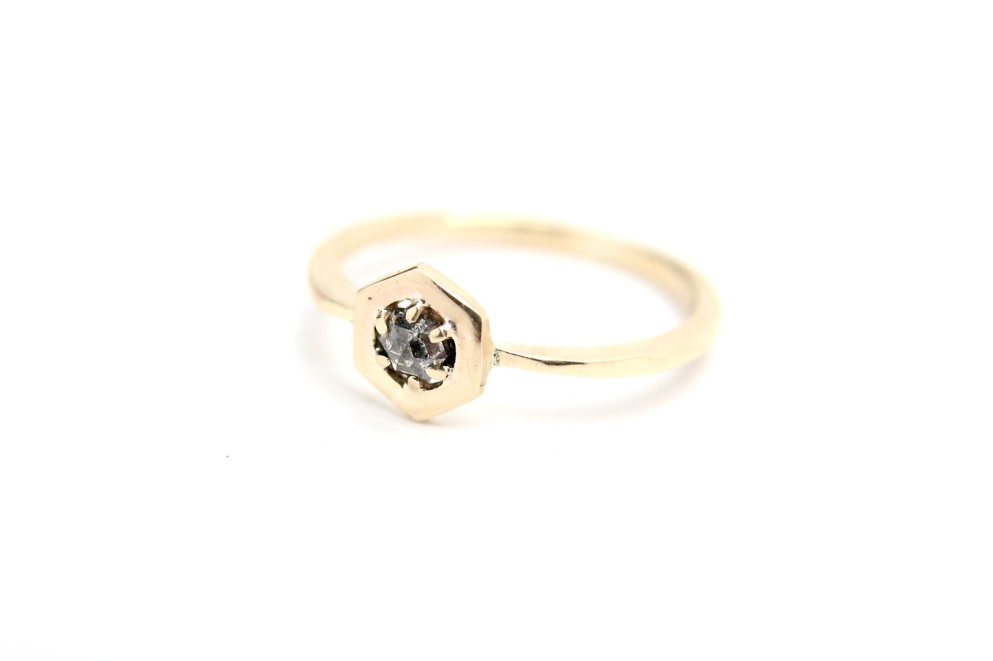 "Luna" Prong Halo Ring - Hexagon Salt and Pepper Diamond