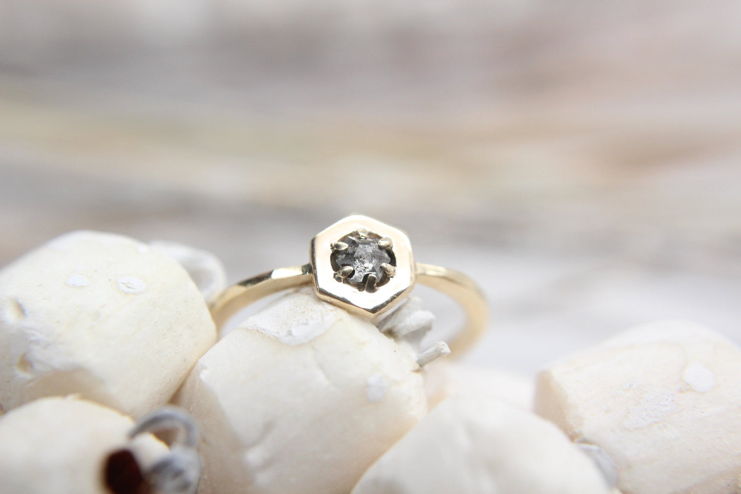 "Luna" Prong Halo Ring - Hexagon Salt and Pepper Diamond